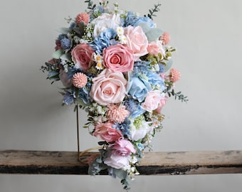 ウエディングブーケ　リアルフェイク フェイクライトブルー＆ローズピンクのワイルドフラワーブライダル