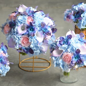 Fake Light Blue, Lilac And Pink Rustic Bridal Bouquets, Real Touch Roses, Real Touch Blue Purple Orchids, Lavender Flowers, Blue Hydrangeas