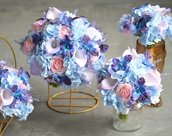 Fake Light Blue, Lilac And Pink Rustic Bridal Bouquets, Real Touch Roses, Real Touch Blue Purple Orchids, Lavender Flowers, Blue Hydrangeas