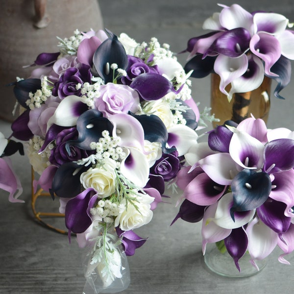 Faux Plum Purple and Navy Bridal Bouquets, Rustic Wedding Artificial Real Touch Flowers, Calla Lilies, Ivory roses, Baby's Breath