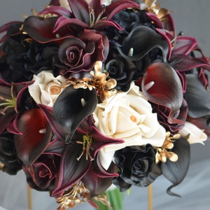 Burgundy Black Gold Beige Bridal Bouquet, Faux Real Touch Flowers, Fall wedding Halloween Wedding, Deep Purple Black Wedding Bouquet one bouquet--12"