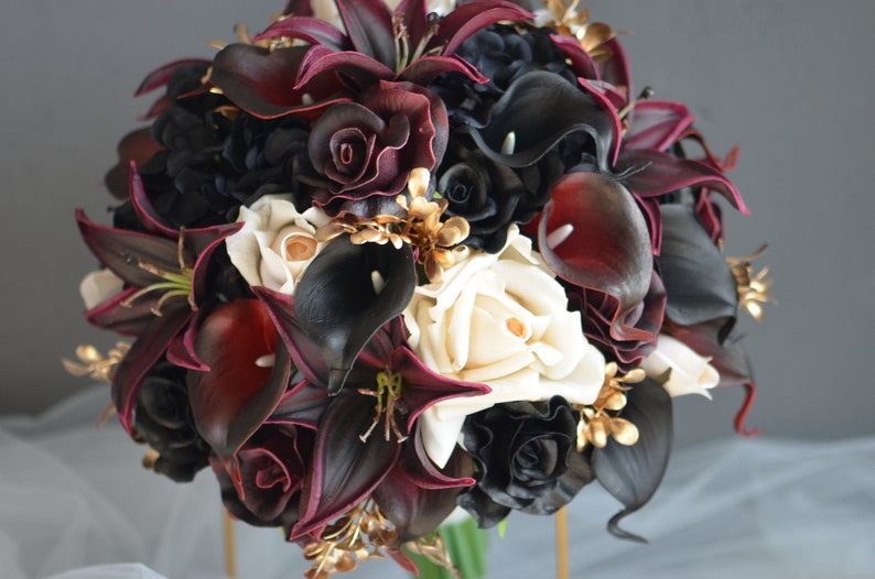 Burgundy Black Gold Beige Bridal Bouquet, Faux Real Touch Flowers, Fall wedding Halloween Wedding, Deep Purple Black Wedding Bouquet one bouquet--12"