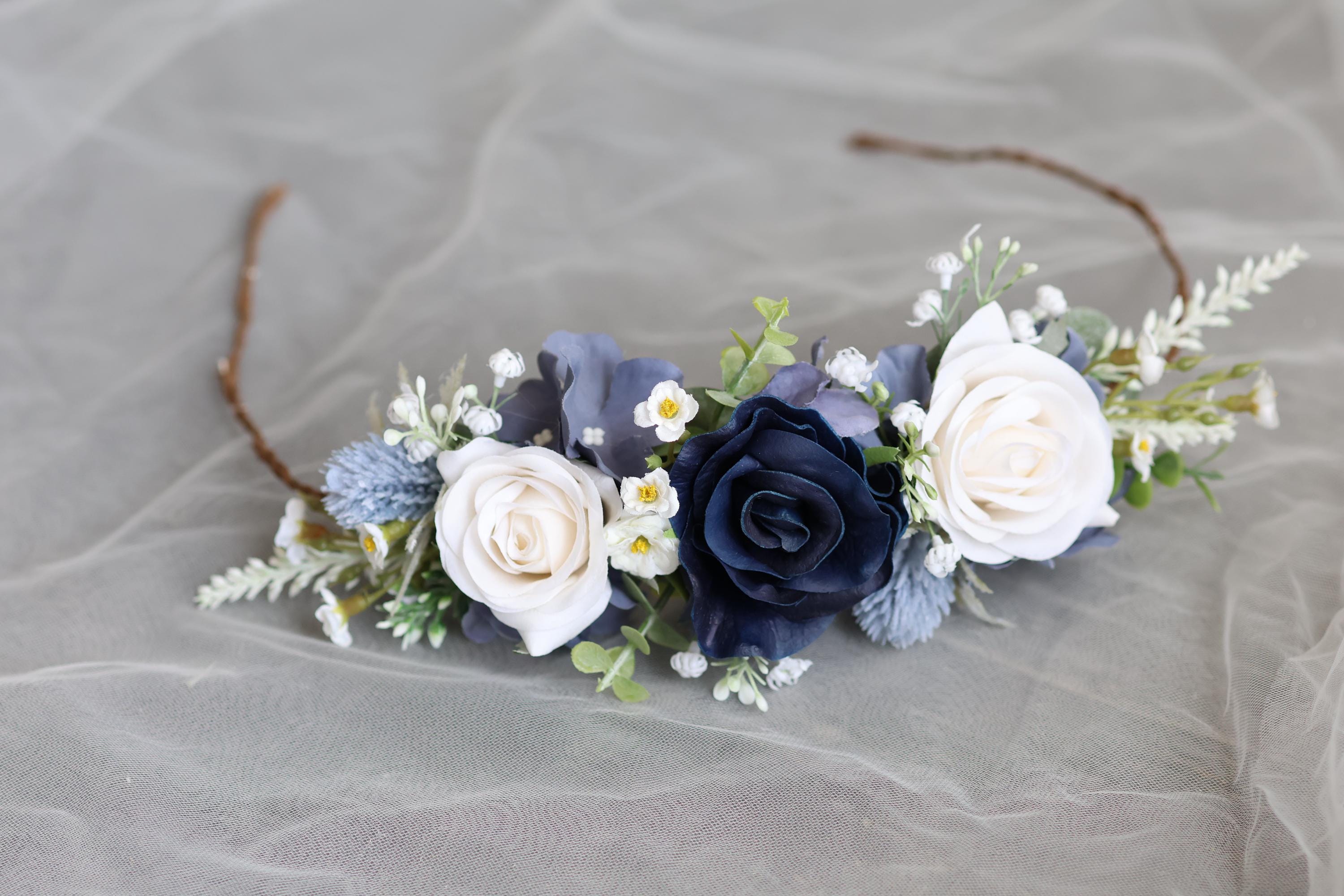 Yelinart Bouquet da sposa blu polvere da 28 cm con rose artificiali bianche blu navy bouquet da sposa a cascata per matrimonio rustico boho autunnale vintage cerimonia nuziale festa e anniversario
