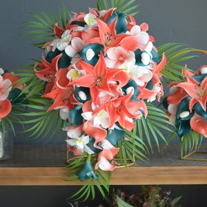 Coral Teal Beach Wedding Bouquet, Real Touch Calla Lilies Orchid, Tiger Lily Bridal Bouquets, Plumerias, Palm Beach Wedding Bouquet