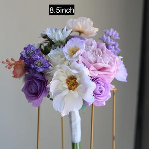 Fake Wildflower Bridal Bouquet, Lavender Purple White Wedding Bouquet, Spring Summer Bouquets, Dahlia, Poppy, Daisies, Rose, peony