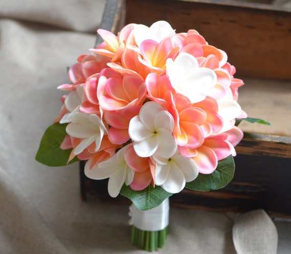 Light Coral Plumeria Bridal Bouquets Rustic Silk Bridal | Etsy