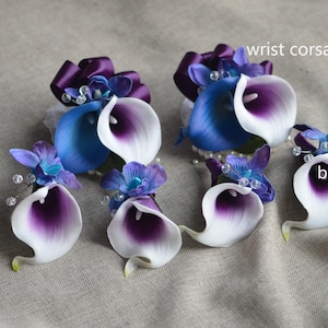 Plum Blue Boutonieres, Blue Purple Wedding Boutonnieres for men Groom boutonniere, Decrated with Crystals, Buttonhole Flower, Prom Corsage