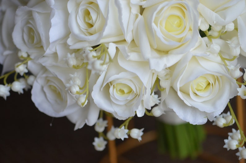 12 Ivory Real Touch Roses Bridal Bouquet, White Lily Of Valley Wedding Bouquets, Off White Roses Artificial Flowers Bouquets image 7