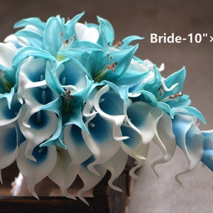 Blue Ivory Bridal Bouquets, Bridesmaids Bouquets, Malibu Blue Cascade Bouquet, Real Touch Calla Lilies, Blue Tiger Lilies