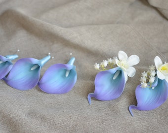 Turquoise Purple Boutonnieres, Calla Lily Groom Groomsman Boutonnieres, Real Touch Calla Lilies, Orchids, Lily Of the Valley