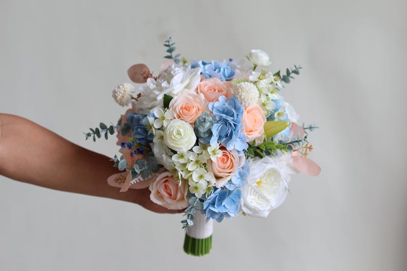 Artificial Bridal Bouquet: Peach, Blue, White Roses & Eucalyptus - Etsy
