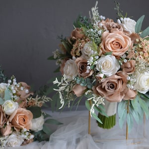 Fake Beige Brown Ivory Real Touch Roses Bridal Bouquet, Peach Champagne Wedding Bouquets, Faux Flowers Fall Boho Bouquets, Dusty Greenery