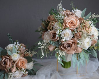 Fake Beige Brown Ivory Real Touch Roses Bridal Bouquet, Peach Champagne Wedding Bouquets, Faux Flowers Fall Boho Bouquets, Dusty Greenery