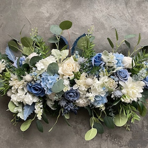 Dusty Blue White Wedding Archway Flower, Blue White Wedding Corner Swag, Wedding Backdrop, Wedding Arch Flowers Decor