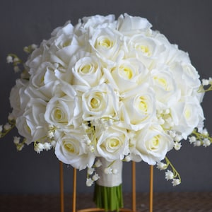 12 Ivory Real Touch Roses Bridal Bouquet, White Lily Of Valley Wedding Bouquets, Off White Roses Artificial Flowers Bouquets image 1