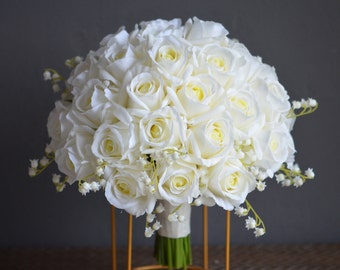 12" Ivory Real Touch Roses Bridal Bouquet, White Lily Of Valley Wedding Bouquets, Off White Roses Artificial Flowers Bouquets