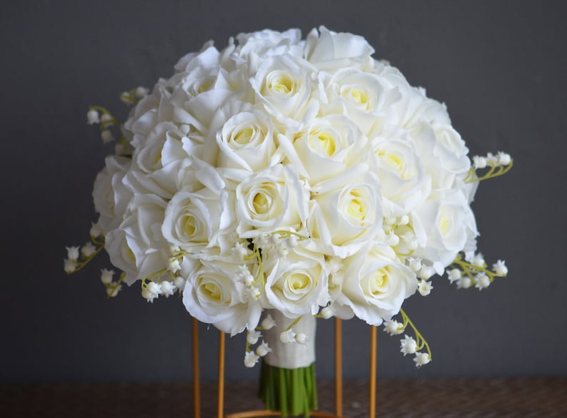12 Ivory Real Touch Roses Bridal Bouquet, White Lily Of Valley Wedding Bouquets, Off White Roses Artificial Flowers Bouquets image 1