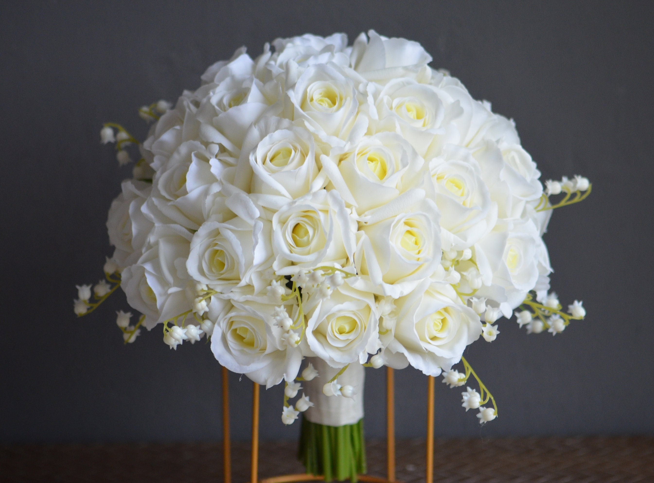 12" Ivory Real Touch Roses Bridal Bouquet, White Lily Of Valley Wedding Bouquets, Off White Roses Artificial Flowers Bouquets