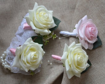 Pink Corsages Boutonnieres,White Ivory Rose Boutonnieres, Wedding Boutonniere & Wedding Corsage, Wedding Homecoming Prom Corsage