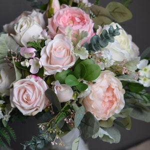 Blush White Wedding Bouquet, Faux Pink Flowers Bouquet, Pink Peony Bouquet, Lamb's ears, Boho Bridal Bouquet, Eucalyptus image 6