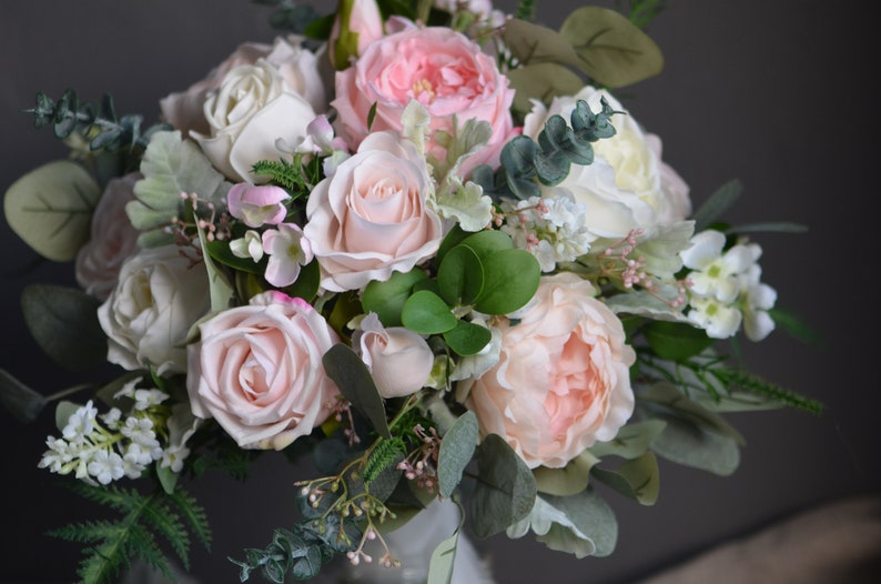 Blush White Wedding Bouquet, Faux Pink Flowers Bouquet, Pink Peony Bouquet, Lamb's ears, Boho Bridal Bouquet, Eucalyptus image 6