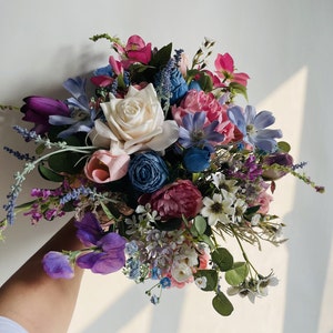 Summer Spring Bridal Bouquet With Wildflowers, Purple Blue Pink White Colorful Wedding Bouquet, Real Touch Rose, Bridesmaids Bouquet