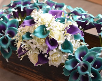 Teal Purple Bridal Bouquets, Bridesmaids Bouquets, Plum Real Touch Calla Lilies, Silk Bridal Bouquets, Boutonnieres, Corsages