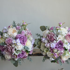 Artificial Lavender Bridal Bouquets, Boho Spring Summer Lilac Mauve Wedding Bouquet, Purple Real Touch Roses, Rustick Purple Wedding Bouquet