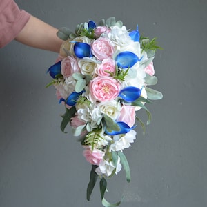 Royal Blue And Pink Bridal Bouquet, Real Touch Calla Lilies, Real Touch Pink Cabbage Roses, Ivory Roses, dusty greenery, Rustic Fillers