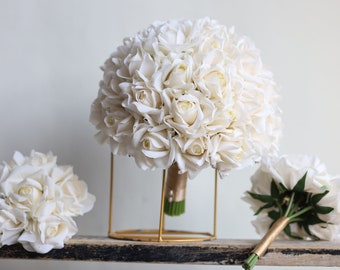 Bouquet de mariée Morandi blanc vraies roses fausses roses, bouquets de mariage blanc crème, bouquets de fleurs artificielles roses ivoire, boutonnière blanche