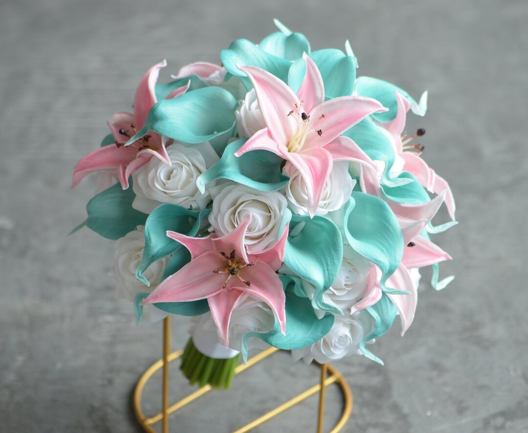 Spa Blue and Pink Bride Bouquet, Real Touch Turquoise Calla Lilies