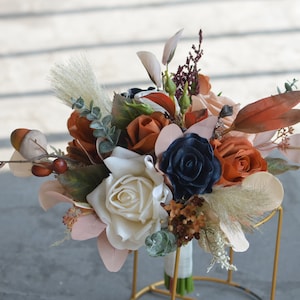 9&quot; Rust Navy Ivory Wedding Bouquet, Beige Boho Bridesmaids Bouquet, Rustic Fall Wedding Bridal Bouquet in Artificial Real Touch Roses