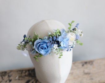 Aritificial Blue Flowers Crown With Real Touch Rose, hydrangeas Wedding Flower Crown, Bridal Crown, Bohemian Crown, Dainty Floral Crown