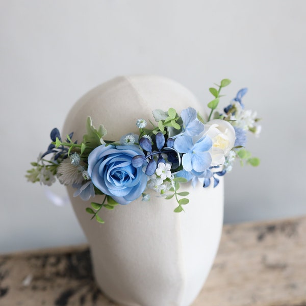 Couronne de fleurs bleues artificielles avec rose véritable, hortensias Couronne de fleurs de mariage, couronne de mariée, couronne bohème, couronne florale délicate