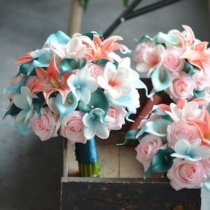 Coral Aqua Teal Beach Bouquets, Calla Lilies Wedding Bouquets, Real Touch Coral Calla Lilies, Plumerias, Roses, Beach Wedding Bouquet