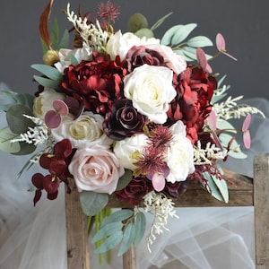 Faux Burgundy Blush Ivory Wedding Bouquet, Peony Eucalyptus, Maroon White Real Touch Roses, Handmade Faux Flowers Burgundy Bridal Bouquets