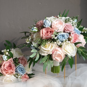 Faux Bridal Wedding bouquet, Dusty Blue & Rose Pink Faux Flowers, Real Touch Artificial Flowers, Boho Bridal Bridesmaids Bouquet, Corsages