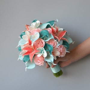 Aqua Teal Bridal Bouquets, Calla Lilies Wedding Bouquets, Real Touch Coral Calla Lilies, Plumerias, Roses, Beach Wedding Bouquet