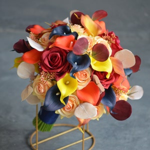 Orange Navy And Red Fall Wedding Bouquets, Artificial Calla Lilies, Yellow Orange Roses, Rustic Bouquets, Burgundy Eucalyptus Weddings