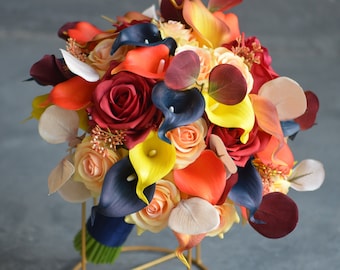 Orange Navy Calla Lily Bouquet, Rustic Fall Wedding Roses