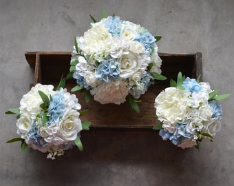 Ivory Blue Bridal Bouquets, Rustic Silk Bridal Bouquets, Blue Hydrangeas , Ivory White Roses, Light Blue Bouquets, Boutonnieres