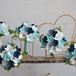 Faux Navy Aqua Beach Wedding Bouquet, Real Touch Plumerias Bridal Bouquet, Navy White Boutonniere Corsages, Navy Blue Bridesmaids Bouquet