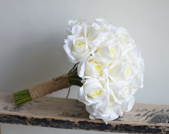 Real Touch Cream/Ivory Roses Bridal Bouquet, Faux White Flowers Wedding Bouquets, White Bridesmaids Bouquet, White Boutonnieres, Corsages