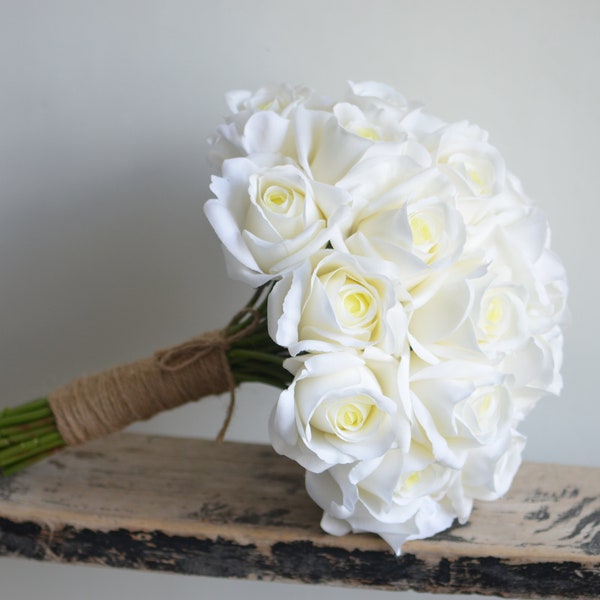 Real Touch Cream/Ivory Roses Bridal Bouquet, Faux White Flowers Wedding Bouquets, White Bridesmaids Bouquet, White Boutonnieres, Corsages