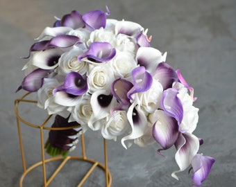 Purple Calla Lily Wedding Bouquet, White Roses, Plum Boutonniere