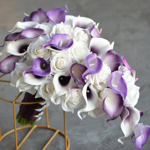 Purple Bridal Bouquets, Classic Plum Wedding Bouquets, Boutonnieres, Real Touch Calla Lilies, White Roses, Rustic Wedding Bouquets