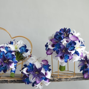 Faux Purple Royal Blue Bridal Bouquets, Real Touch Galaxy Orchids Orchids, Calla Lilies, White Roses Wedding Bouquet, Boutonneire Corsages