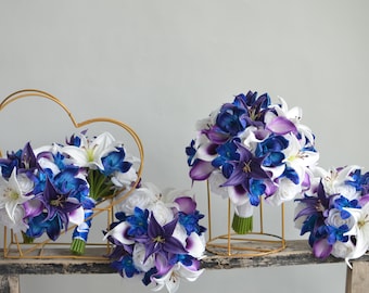 Faux Purple Royal Blue Bridal Bouquets, Real Touch Galaxy Orchids Orchids, Calla Lilies, White Roses Wedding Bouquet, Boutonneire Corsages