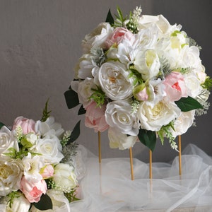 Faux Flowers Cream White & Pink Wedding Bouquet, Real Touch Roses, Pink Peonies, Spring Summer Bridal Bouquet, Faux flowers Bouquets
