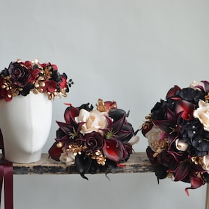 Black Gold Burgundy Bridal Bouquet, Faux Real Touch Flowers, Fall Halloween Wedding Bouquet, Dark Red Black Boutonniere Corsages